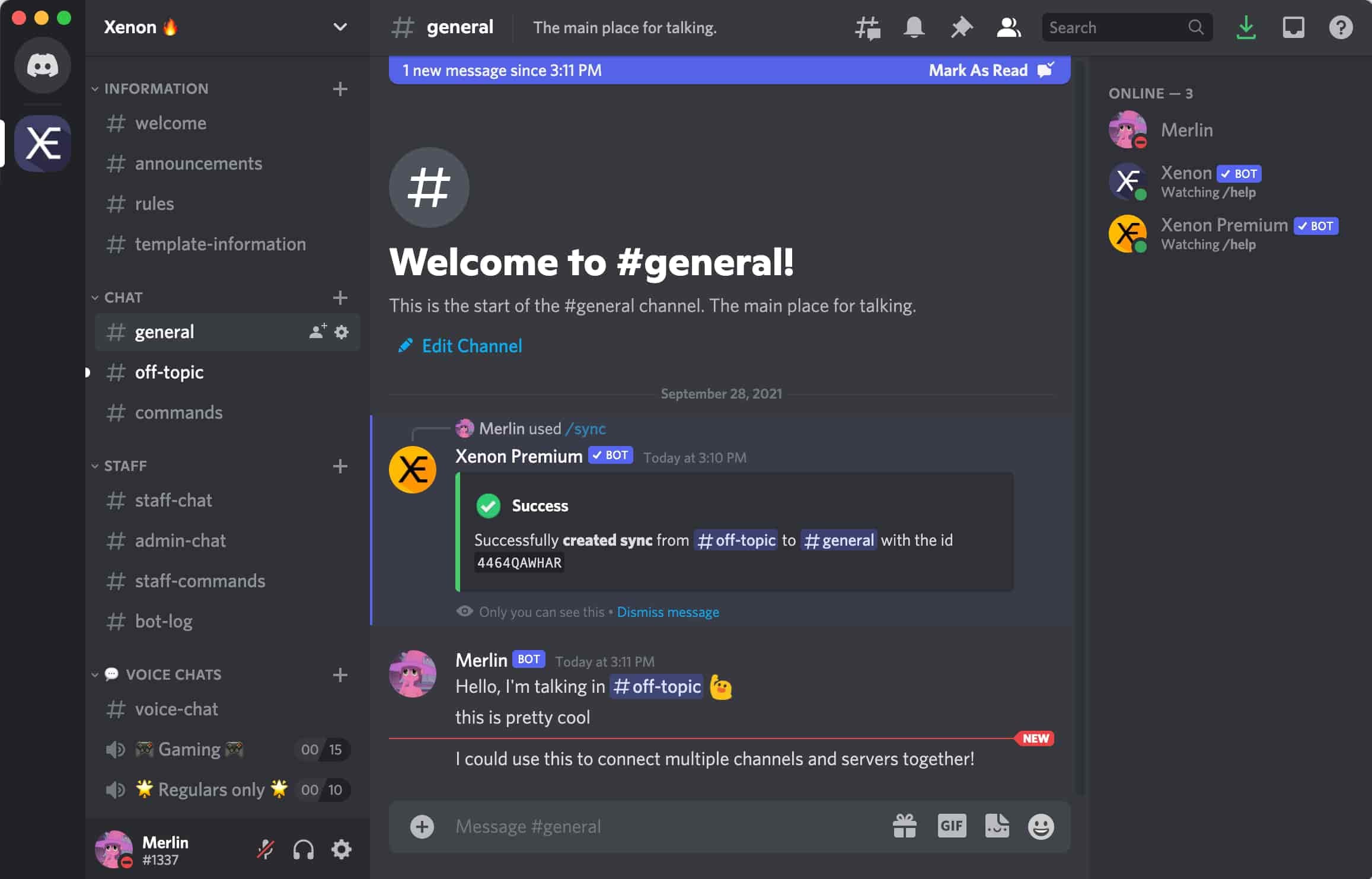 Synchronize messages, bans and role assignments between channels and servers using the /sync command